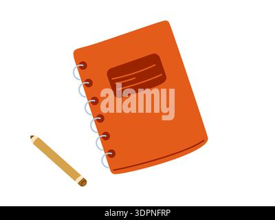Spiral notebook or notepad with orange cover and pencil. Illustration for back to school shopping, personal organization Stock Vector