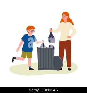 Mother and son placing garbage bags into large metal bin. Waste sorting, area cleaning. Flat vector illuustration. Stock Vector