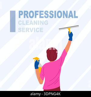 Professional cleaning service. Woman in special uniform cleaning window with squeegee and cleaning solution. Vector illustration. Stock Vector