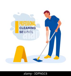 Man mopping the floor and placing a wet floor sign. Professional cleaning service. Flat vector illustration for business Stock Vector