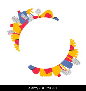 Round advertising frame for professional cleaning. Banner with empty space and various cleaning products and supplies Stock Vector