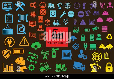 Factory Control and Industrial Automation Flat Icons Set – Manufacturing, Production, Engineering and Industry 4.0 Vector Collection Stock Vector