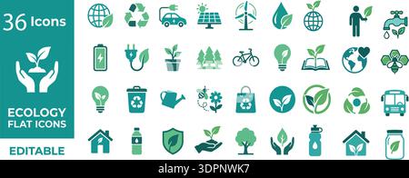 Ecology and Environmental Flat Icons Set – Editable Green Energy, Sustainability, Recycling and Eco Friendly Vector Collection Stock Vector