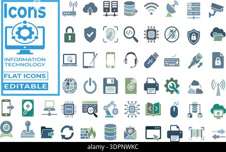 Information Technology Flat Icons Set – Editable IT, Network, Cybersecurity and Cloud Computing Vector Collection Stock Vector