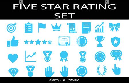 Five Star Rating Flat Icons Editable Vector Set, Award, Medal, Certificate, Review and Quality Achievement Symbols Stock Vector