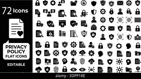 Privacy Policy and Data Protection Flat Icon Set – Editable Cybersecurity, GDPR, Digital Security and Confidential Information Vector Collection Stock Vector
