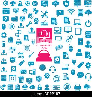 IT Support and Technical Helpdesk Flat Icon Set – Editable Customer Service, Network, Cybersecurity and Computer Maintenance Vector Collection Stock Vector