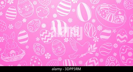 Pink background with white easter eggs, bunny, flowers, and birds, pastel colors, festive atmosphere. Stock Vector