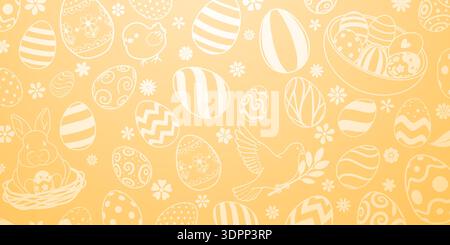 Yellow background with white easter eggs, flowers, and a bunny in a nest, all intricately designed. Stock Vector