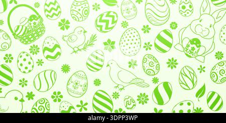 Soft green easter-themed illustration with eggs, bunnies, birds, and flowers in various patterns on a light background. Stock Vector