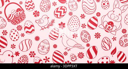 Vibrant easter background with red eggs, flowers, and birds on soft pink, featuring various patterns and designs. Stock Vector