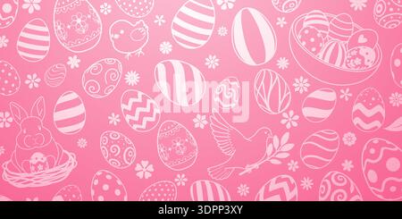 Soft pink background with white easter eggs, flowers, bunnies, and birds in various patterns and designs, creating a festive atmosphere. Stock Vector