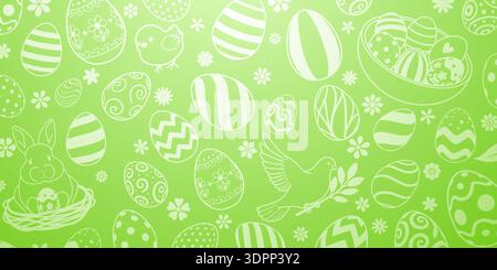 Light green background with white easter eggs, flowers, bunny, and birds in various patterns and designs. Stock Vector