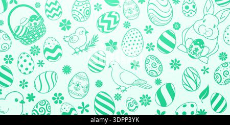 Mint green easter-themed illustration with eggs, bunnies, birds, and flowers in various patterns. Stock Vector