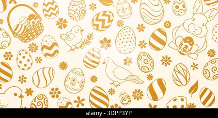 Yellow easter background with eggs, flowers, birds, and bunny, featuring various patterns and designs. Stock Vector