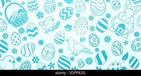 Easter-themed illustration with eggs, flowers, birds, and a bunny in various blue shades on a white background. Stock Vector