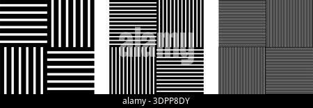 Collection of crossed straight line patterns. Set of black woven basket textures. Striped backgrounds. Abstract geometric prints. Simple textile structures. Vector graphic illustration. Stock Vector