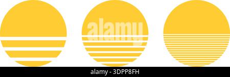 Set of round half-whole and half-striped geometric shapes isolated on white background. Sun or moon silhouettes. Sunrise or sunset concept. Simple design element. Vector flat illustration. Stock Vector