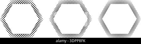 Set of hexagon frames with halftone texture. Geometric hex shapes with dotted, mosaic, pixel or grain borders isolated on white background. Decorative design elements. Vector graphic illustration. Stock Vector
