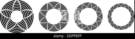 Set of round frames with triangular striped ornament in African or Mexican style isolated on white background. Circular design elements with flower streaky motif. Vector graphic illustration. Stock Vector