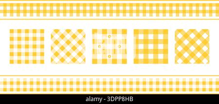 Set of yellow gingham pattern samples and borders. Autumn fabric print for tablecloth, picnic blanket, basket napkin, scarf or handkerchief. Cotton, linen or flannel design. Vector flat illustration. Stock Vector
