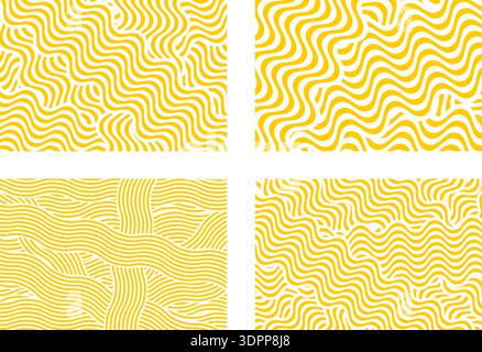 Set of pasta or ramen patterns. Backgrounds with wavy yellow lines. Spaghetti, noodle, tagliatelle or capellini textures. Traditional Italian or Chinese cuisine prints. Vector illustration. Stock Vector