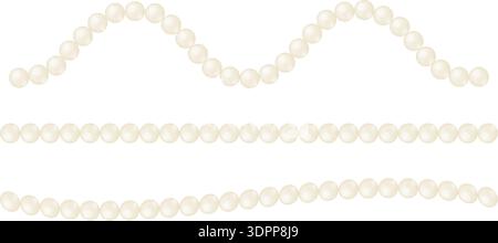 Wavy and straight strings of pearls isolated on white background. Threads of beads for bracelet or necklace. Elegant jewelry borders. Wedding accessories. Vector realistic illustration. Stock Vector