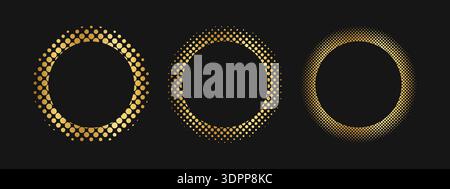 Set of golden round frames with halftone borders. Circular gold shapes with dotted, mosaic, confetti or grainy texture isolated on black background. Decorative design elements. Vector illustration. Stock Vector