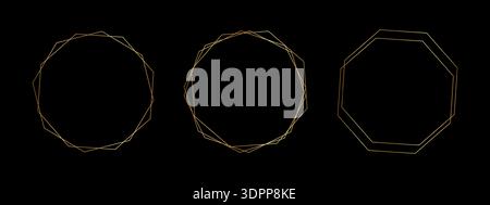 Set of golden octagon frames isolated on white background. Collection of shiny luxury geometric borders. Design elements for banners, greeting or wedding cards. Vector illustration. Stock Vector