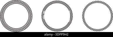 Set of round frames with black and white chequered borders print. Vignettes for picture or photo with rally flag or chess board pattern. Circular Stock Vector