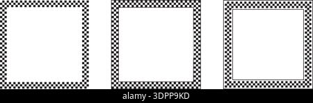 Set of square frames with checkered print isolated on white background. Quadrangular vignettes with black and white checkerboard, rally flag or chess Stock Vector