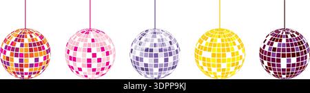 Set of colorful discoballs. Collection of retro music party shining spheres. Glitterball shapes. Mirror balls for night club discotheque in 70s 80s Stock Vector