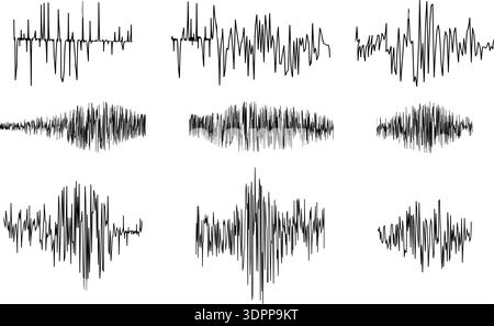 Set of polygraph or seismograph diagram parts isolated on white background. Seismometer or lie detector graphs. Magnitude oscillation measurement or Stock Vector