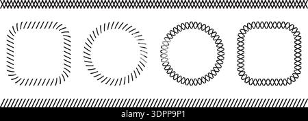 Set of borders and frames with slash and crossed lines print. Tilted stitches and crosses embroidery ornaments on white background. Simple sewing Stock Vector
