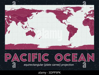 Pacific Ocean. World map. Equirectangular (plate carree) projection centered on the Pacific Ocean. Pale Mint Dark Pink palette. Vintage texture. Stock Vector