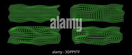 Set of distorted green neon grid textures. Mesh warp in techno, futuristic or cyberpunk style. Net surfaces with deformation effect. Bented lattice Stock Vector