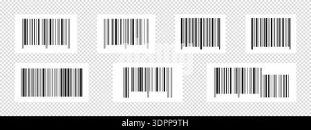 Set of barcode sticker samples. Bar code labels isolated on transparent background. Visual presentation of digital identification data with Stock Vector