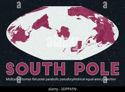 South Pole. World map. McBryde-Thomas flat-polar parabolic pseudocylindrical equal-area projection centered on South Pole. Stock Vector
