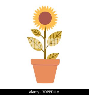 Flat vector sunflower in a pot, minimal and cute botanical illustration. Perfect for spring designs, gardening themes, home decor, eco branding Stock Vector