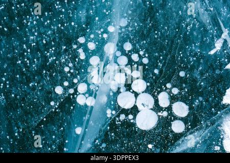 Macro view of trapped white methane gas bubbles suspended in deep blue, crystal-clear frozen lake ice. Stock Photo
