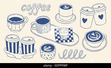 Hand drawn coffee vector illustration set with cups, takeaway mugs, latte art and cafe elements. Minimal line style, trendy aesthetic, perfect for Stock Vector