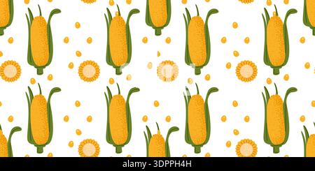 Seamless corn pattern with whole cobs, slices and kernels. Fresh farm harvest illustration inspired by agriculture, organic food and summer crop seaso Stock Vector