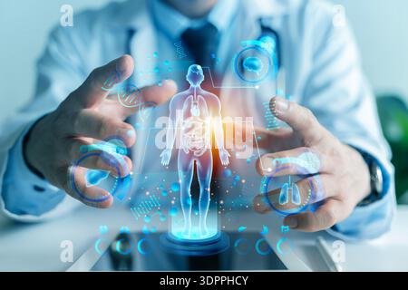 Physician interacts with futuristic holographic human body interface showing organs, DNA and data charts, representing AI diagnostics, precision medic Stock Photo