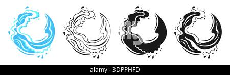 Sea Round wave for logo. Water splashes, flowing abstract ocean linear and silhouette set. Wave icons graphic dynamic liquid motion, modern marine elements and fluid aquatic forms illustration Stock Vector