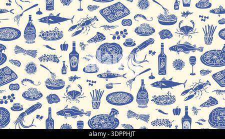 Mediterranean food Seamless pattern Italian and Spanish cuisine. Summer Hand drawn coastal mood with wine and seafood elegant coastal cooking texture. Southern ocean atmosphere background Stock Vector