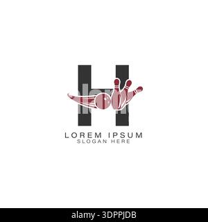 Letter H Logo with a Bowling Ball and Pins. Alphabet H Icon Design for Bowling Clubs Stock Vector