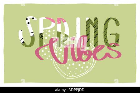 Spring vibes decorative lettering with strawberry shape and playful textured typography. Seasonal design for posters, social media, greeting cards and Stock Vector