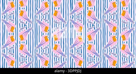 Seamless pattern with stylized pink birds featuring bright yellow chest over vertical blue stripes. Decorative wildlife motif with rhythmic compositio Stock Vector