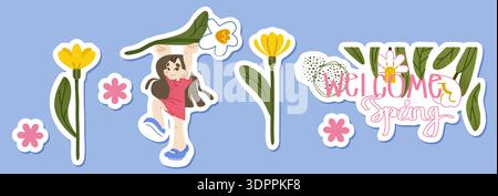 Spring sticker set with girl holding large flower and decorative floral elements. Flat illustration expressing seasonal greeting, freshness and joyful Stock Vector