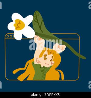 Girl holding a spring flower inside a video call window interface. Flat illustration representing digital communication, seasonal mood and online frie Stock Vector